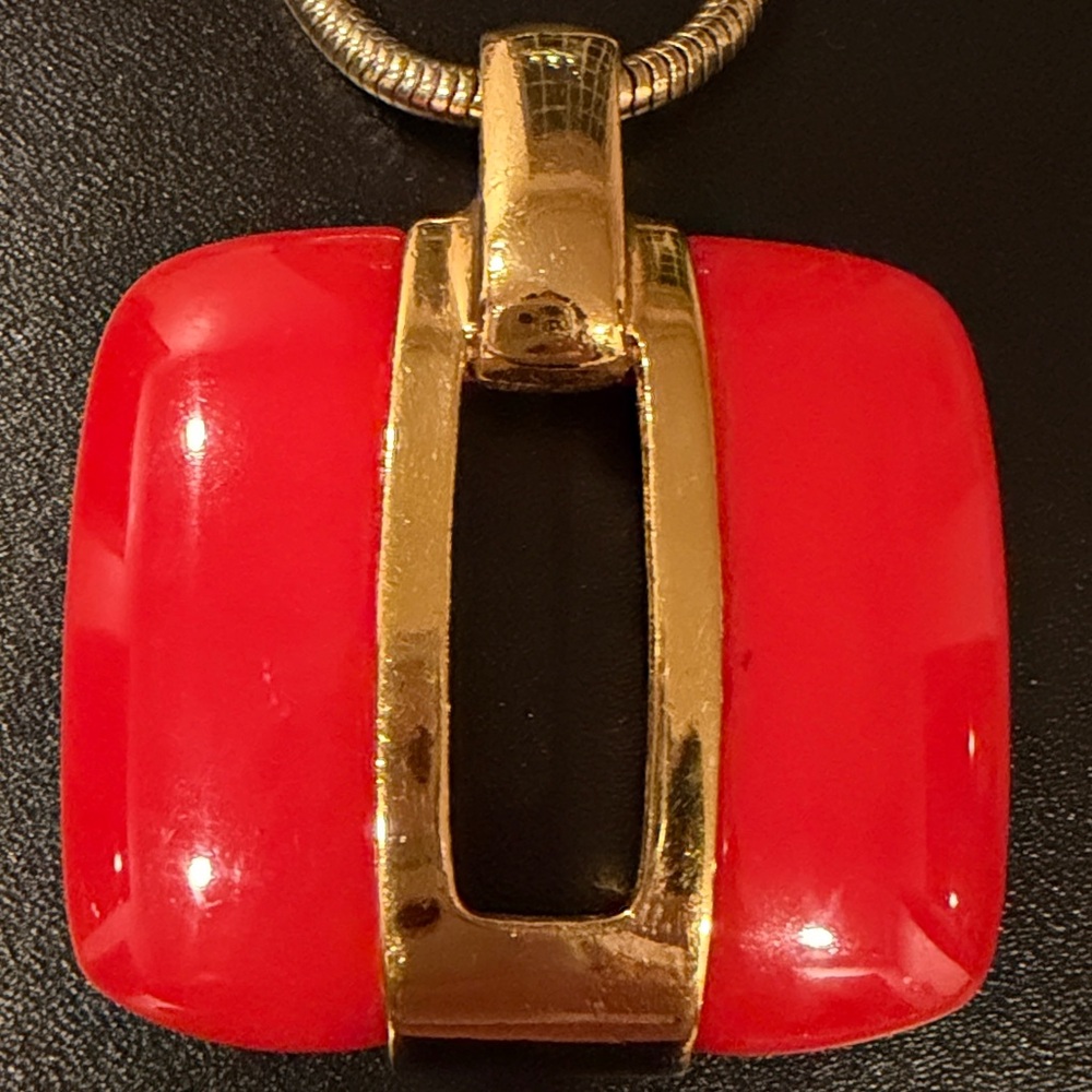 LANVIN Vintage 1970s Gold Plated and Red Pendant Keyhole Necklace w/ Snake Chain - Picture 7 of 10